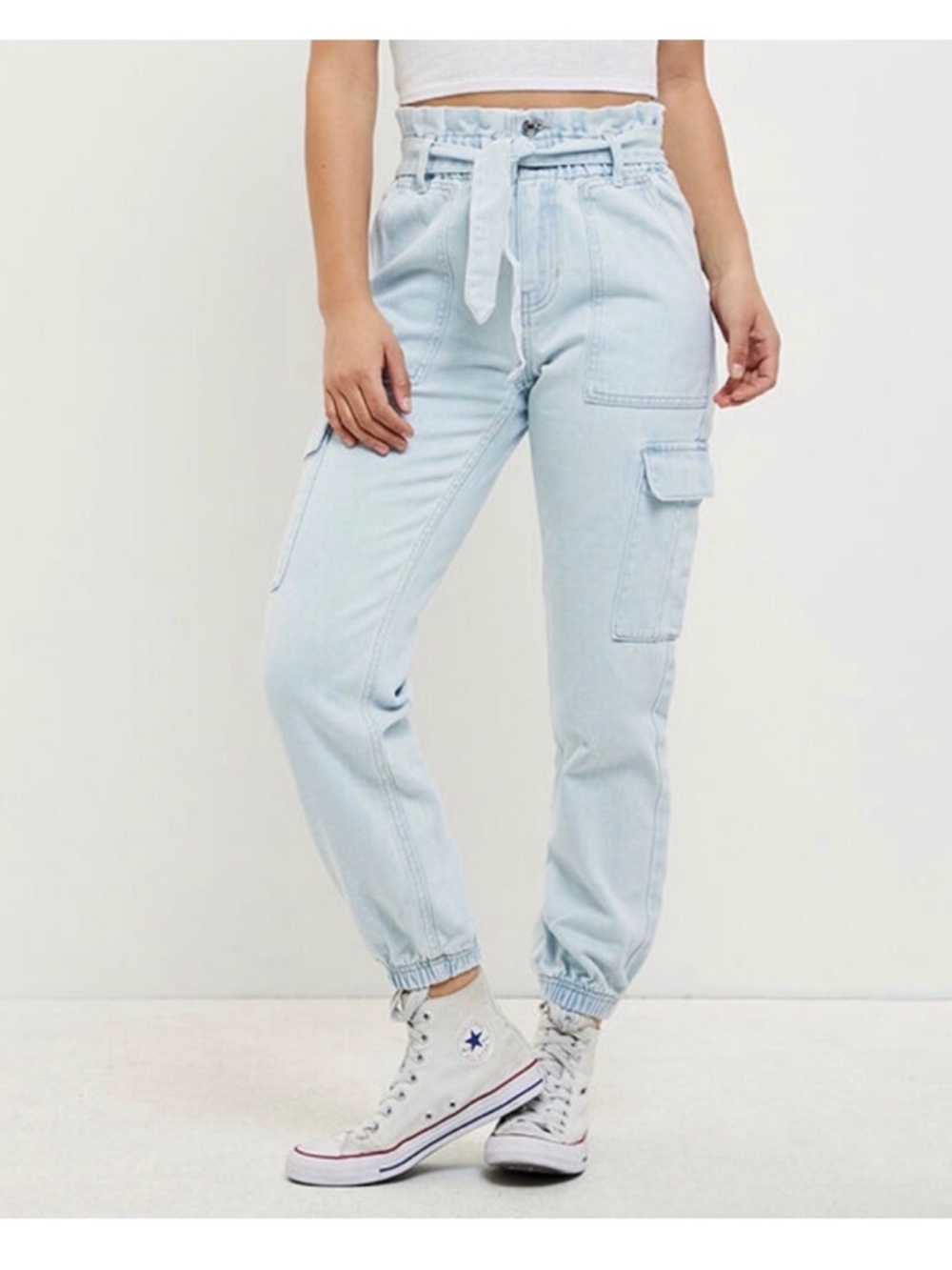 PACSUN Light Wash Paperbag High-Waisted Denim Cargo Jeans SMALL (missing belt)